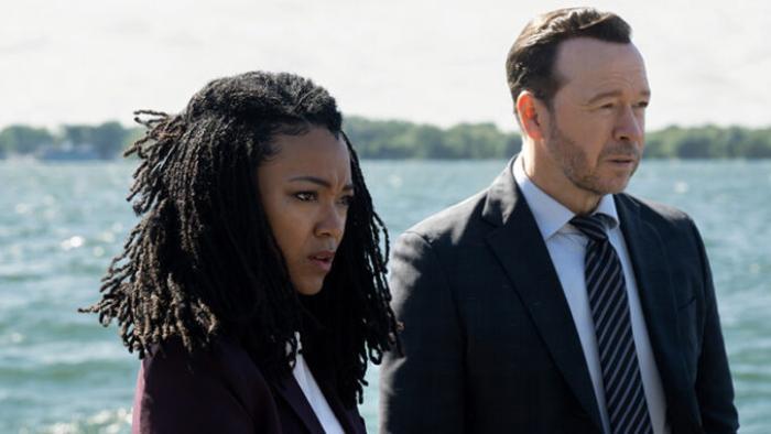 Boston Blue: Donnie Wahlberg and Sonequa Martin-Green stand near the bay. 