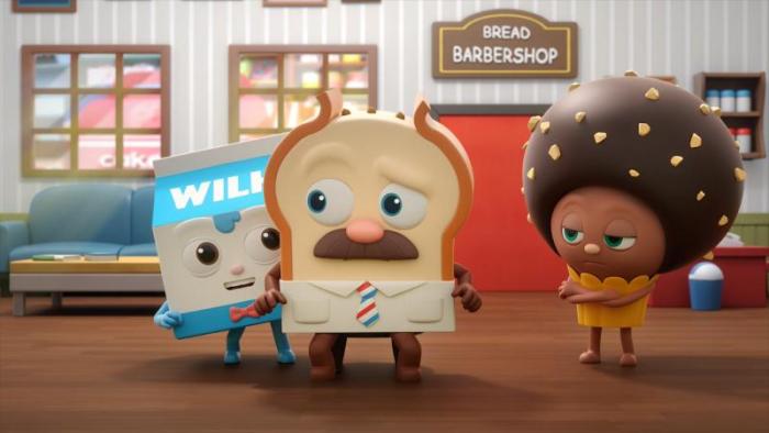 Bread Barbershop TV show screenshot 2: Inside the shop, Master Bread has a raised eyebrow at Wilk who smiles invitingly.