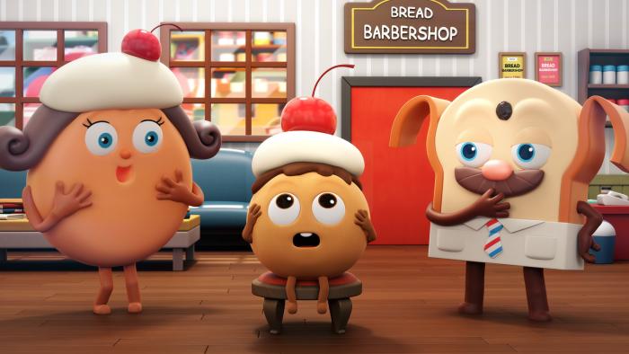 Bread Barbershop TV show screenshot 3: Inside the shop, two clients with cherry hats have their mouths open in disbelief.
