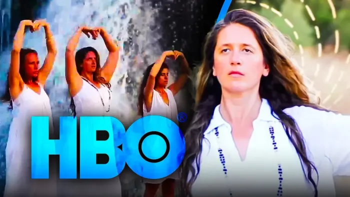 Blue letters HBO in front of a photo montage of three white women in white dresses with arms above their heads and head wraps on next to Guru Jaget 