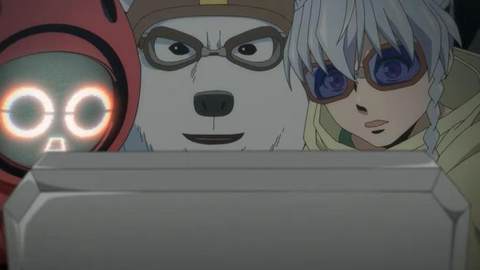 Bullet/Bullet TV show screenshot 1: Qu-0213, White Bear, and Gear look at a computer screen together, focused