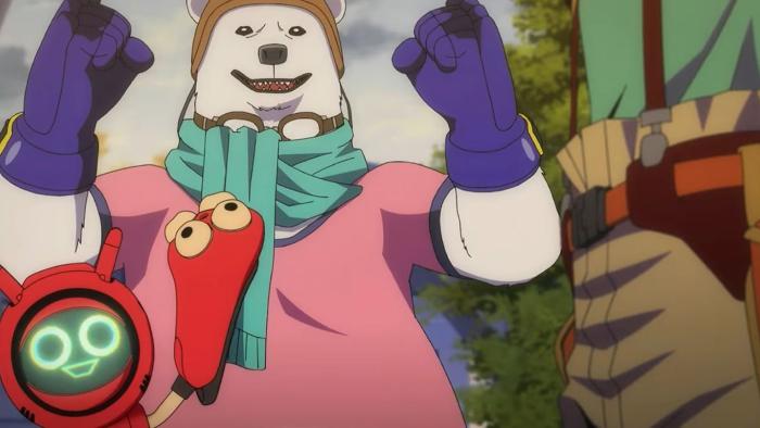 Bullet/Bullet TV show screenshot 3: White Bear and Qu-0213 hold their hands in the air looking excited and triumphant