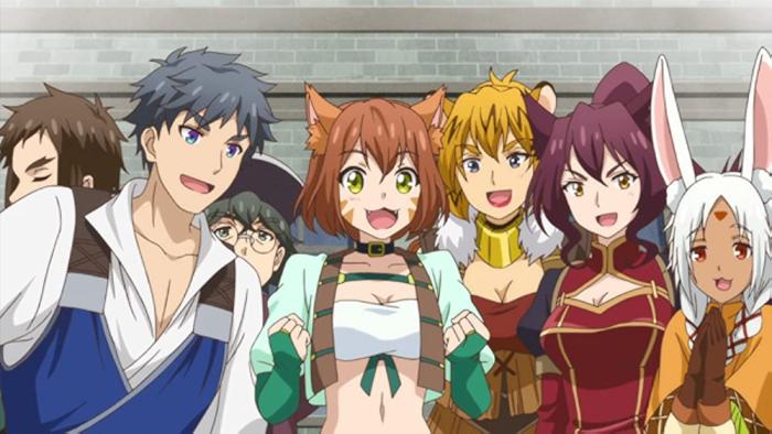 By the Grace of the Gods TV show: A cat girl, bunny girl, and fox girl can be seen standing around with humans in a town, everyone looks happy and excited.