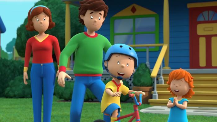 Caillou 2024 TV screenshot 2: Caillou rides his bike while his sister, mom, and dad watch