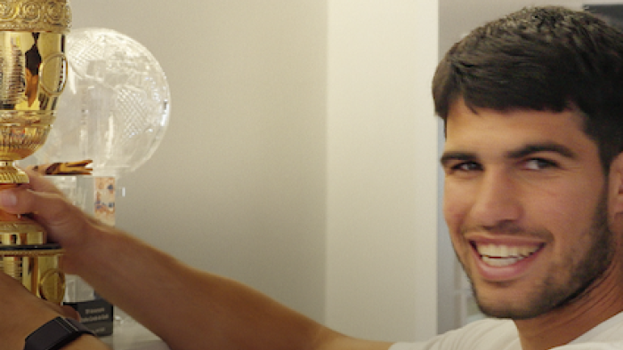 Carlos Alcaraz: My Way TV show screenshot 2: Carlos Alcaraz shows off trophy. 