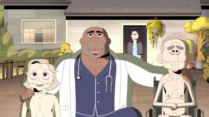 A muscular black male nurse is pictured with his arms around a nude man and woman. In the background, Carol stands in the doorway of a house.