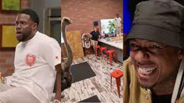 Celebrity Prank Wars TV show: Screen is spit between images of Kevin Hart looking scare, an Emu inside a kitchen, and a close up of Nick Cannon laughing