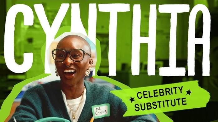Celebrity Substitute TV: Cynthia Erivo appears with her name in big font behind her, and another graphic that says 'celebrity substitute'