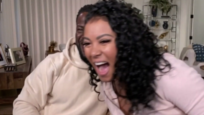 Celebrity Game Face TV Show: Eniko and Kevin Hart laugh. 