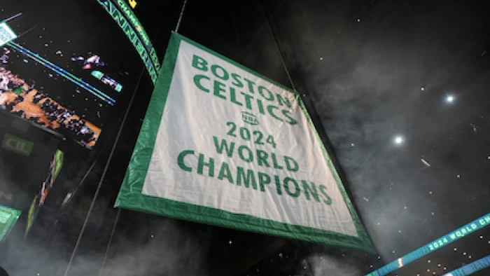 Celtics City screenshot 2: 2024 Celtics Championship banner hangs from stadium rafter. 