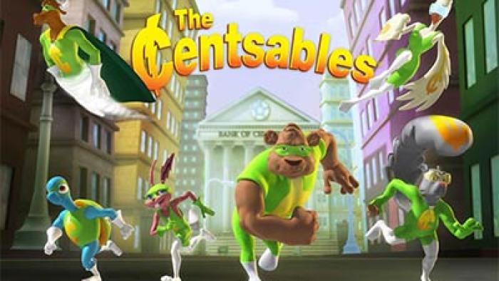 3D animated animals in superhero costumes, led by a bear, with title "The Centsables" in yellow above them