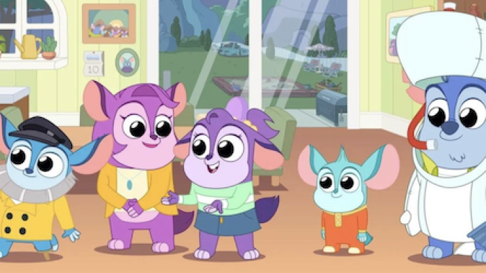 Chip Chilla TV show screenshot 1: The Chilla family stands in living room. 