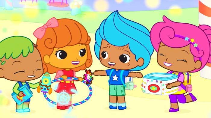 Four animated kids with bright-colored hair