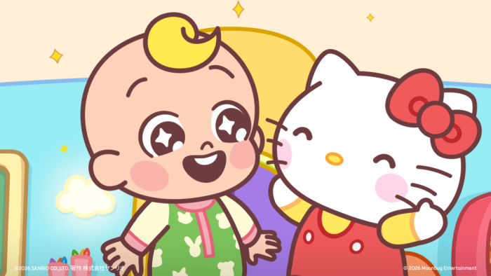 CoComelon Playdates with Sanrio Friends TV: JJ and Hello Kitty smile towards each other in colorful playroom.