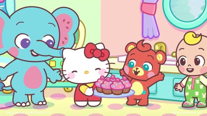 CoComelon Playdates with Sanrio Friends TV: Emmy, Hello Kitty, Boba aBear and JJ share pink cupcakes in the kitchen.