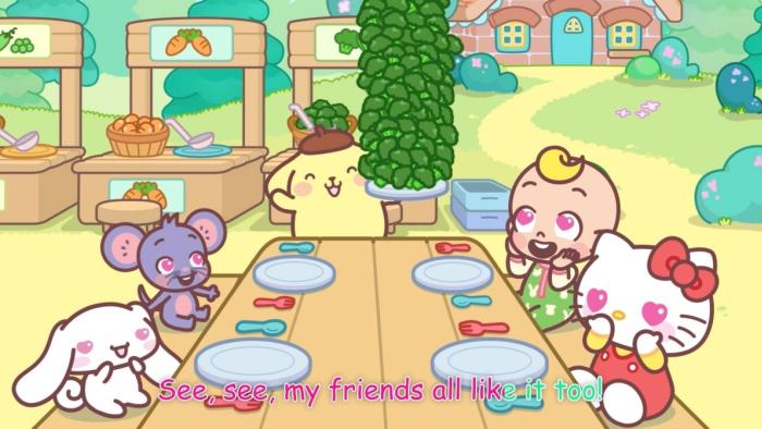 CoComelon Playdates with Sanrio Friends TV: Pompompurin serves a tower of broccoli to his friends who sit at a wood picnic bench outisde.