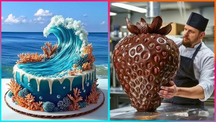 Cookie Cupcake Cake TV Show screenshot 3: a contestant with a wave cake and giant chocolate covered strawberry cake