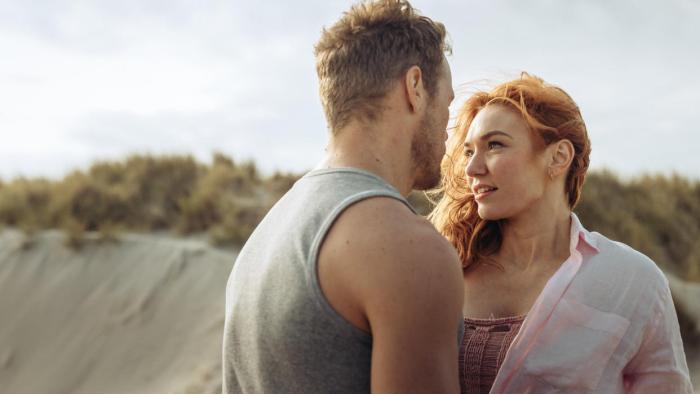 The Couple Next Door: Danny and Evie get close on a sand dune