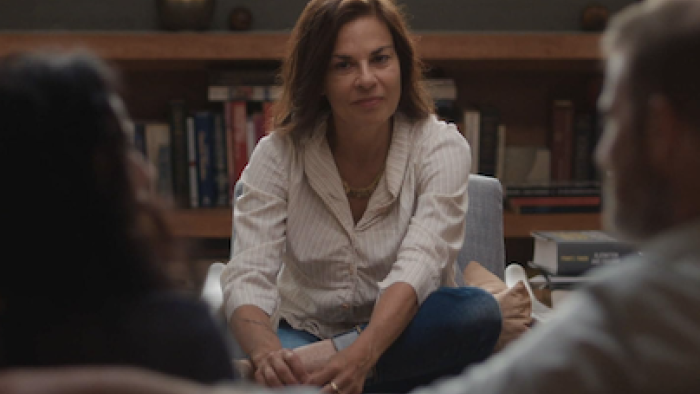 Couples Therapy screenshot 1: Orna Guralnik sits facing a couple sitting on couch.
