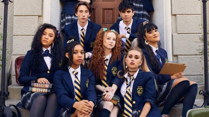 Crown Lake TV show screenshot: A group of private school students sit on steps wearing their uniforms.