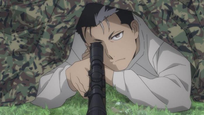 Daemons of the Shadow Realm: Underneath a camoflouge tarp, Dera lies on the ground and aims an automatic rifle at someone off-screen.