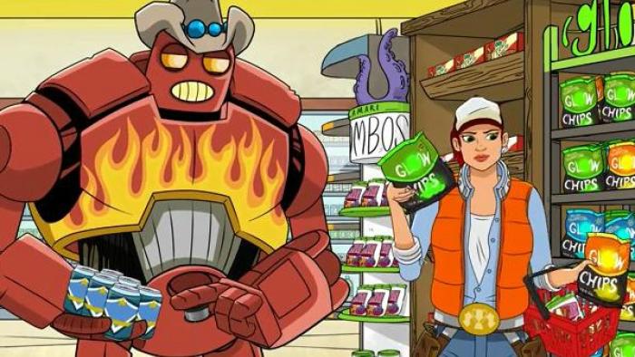 Dallas & Robo Series: Robo and Dallas stand in a convenience store. 