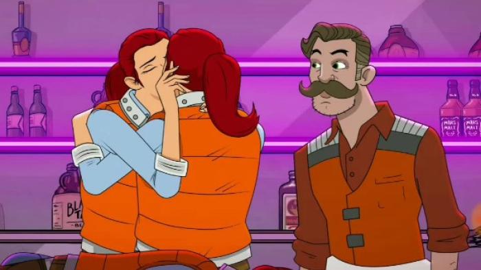 Dallas & Robo Series: Two identically dressed women with identical red ponytails kiss in a bar as the bartender watches. 