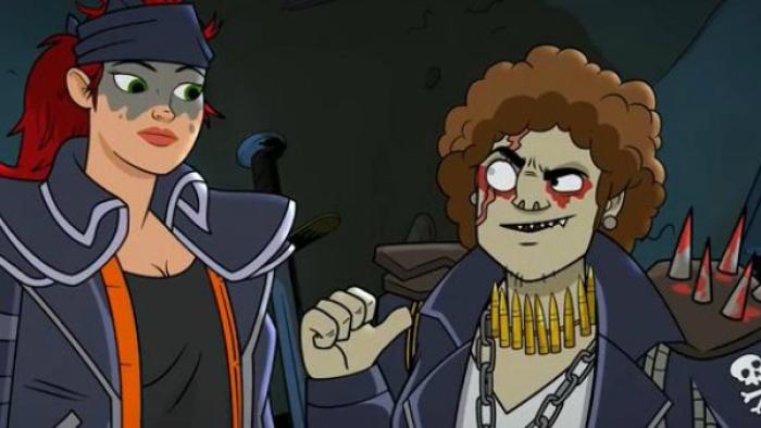 Dallas & Robo Series: Robo stands beside a woman with punk rock weaponry jewelry and a bloody face. 
