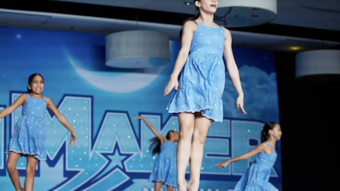 Dance Moms: A New Era screenshot 4: The team dance on stage in blue costumes.