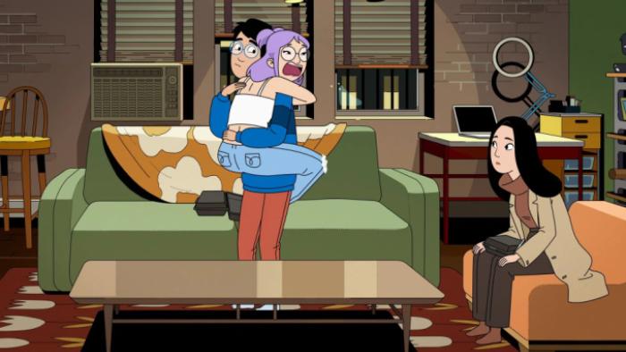Dang! TV show screenshot 1: In the Dang's apartment, Eunice clings to Andrew in fear as Ruthie sits separately, wondering what's going on