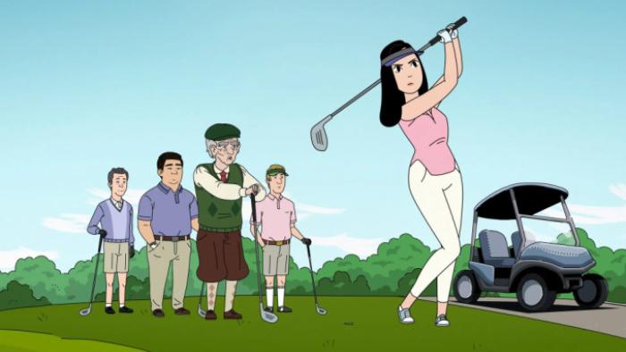 Dang! TV show screenshot 2: Ruthie takes a swing at a golf ball with her club as four men stand behind her watching her shot