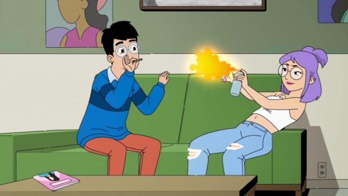 Dang! TV show screenshot 3: Andrew holds a small cigarette in his mouth as Eunice attempts to light it with a stream of fire from an aerosol can