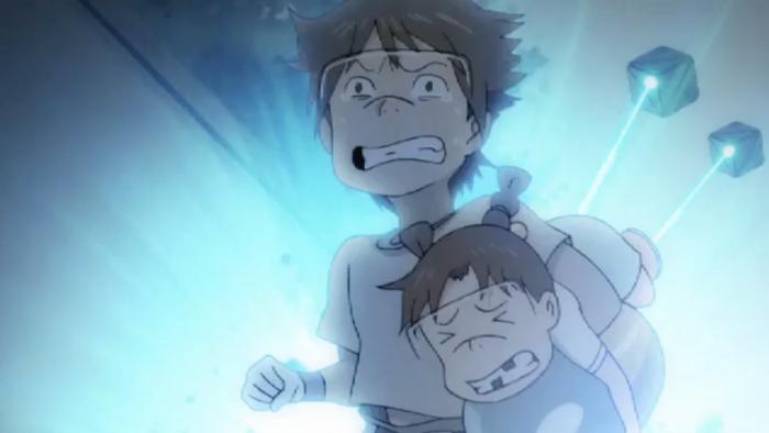 Den-noh Coil: Daichi carries Kyoko as they run away from cubes shooting blue lasers
