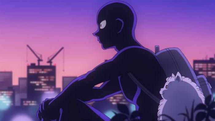 Detective Conan The Culprit Hanzawa TV show: A shadow silhouette figure is seen sitting next to a white dog in front of a city skyline and pink sunset