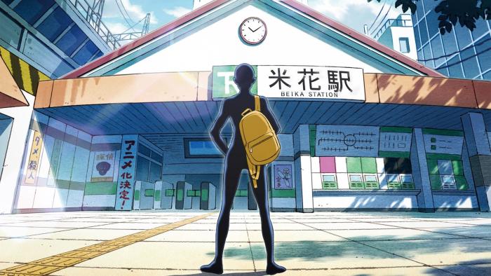 Detective Conan The Culprit Hanzawa TV show: A shadowy figure is seen wearing a backpack standing in front of a Japanese train station