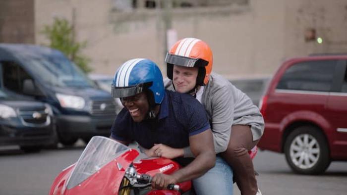 Detroiters TV Show: Sam and Tim ride a motorcycle together