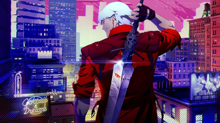 Dante looking over his shoulder, holding his sword.
