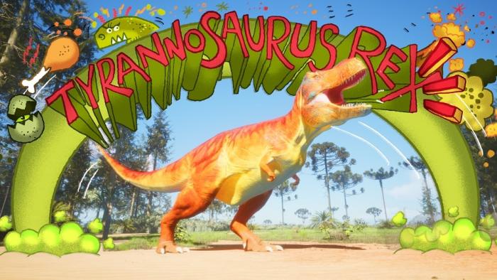 Dino Pops TV show screenshot 1: Orange and yellow dinosaur, Tobi, rawrs in front of a banner that says "Tyrannosaurus Rex".