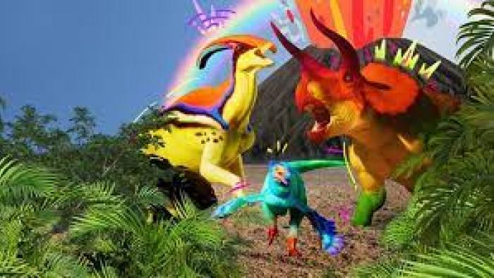 Dino Pops TV show screenshot 2: Three brightly colored dinosaurs, rawr