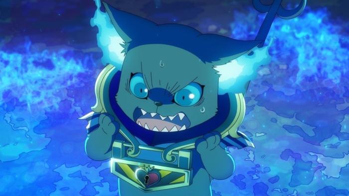 Disney Twisted-Wonderland: The Animation screenshot 5: In a blue-lit area, Grim scowls and protests.