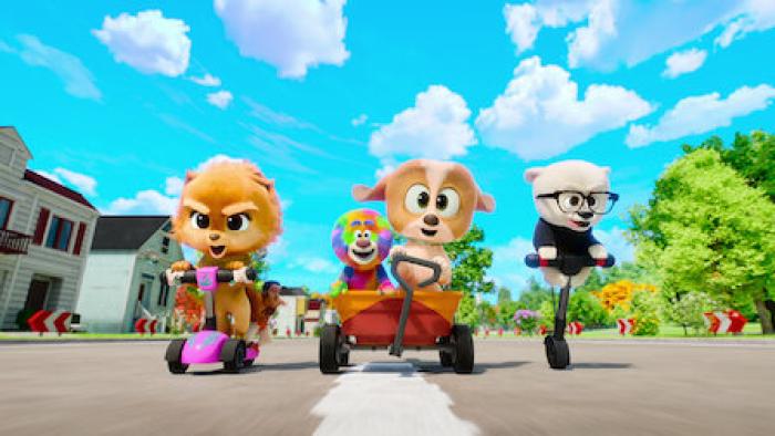 Dog Days Out TV show screenshot 2: Holm and Button racing with other dogs.