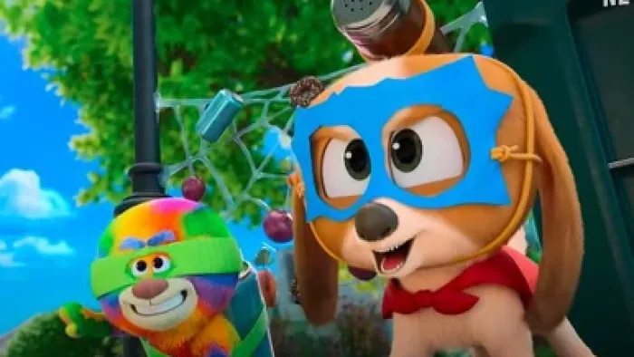 Dog Days Out TV show screenshot 3: Buttons and Holm wear face masks and pose like super heroes ready for action.