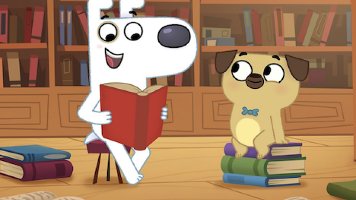 Dog Loves Books TV Show: Dog reads a book to Pug
