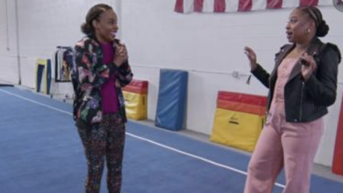 Learning gymnastics with Amber Ruffin. 