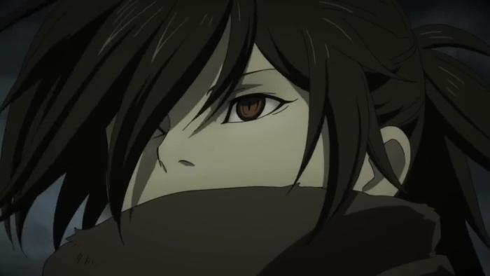 Dororo TV show screenshot 1: A close shot of Hyakkimaru’s face is seen, his dark reddish eyes look forward very intensely while his mouth is covered by a scarf. 