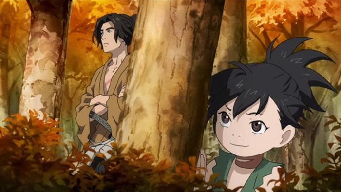 Dororo TV show screenshot 2: Dororo and a man hide in the forest behind some trees, Dororo looks mischievous while the man looks more serious.