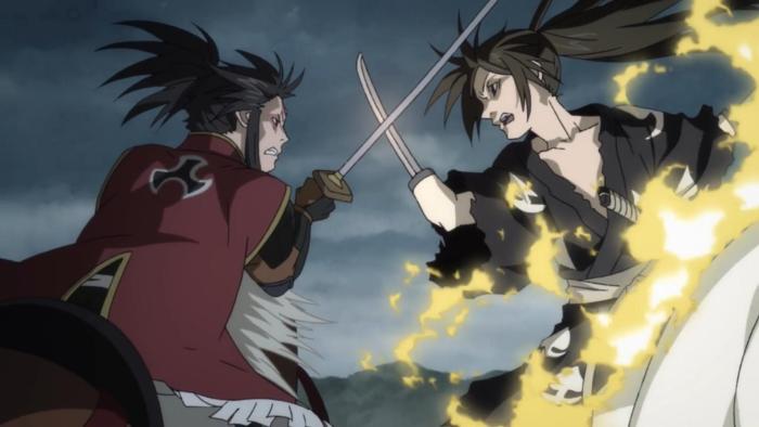 Dororo TV show screenshot 3: Hyakkimaru is intensely fighting another samurai, Hyakkimaru uses his prosthetic sword arm to clash against the other man’s sword.