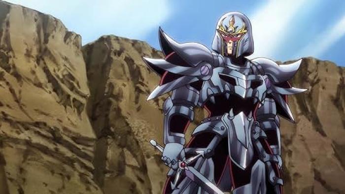Dragon Quest: The Adventure of Dai TV Show: A heavily armored warrior stands with a sword in hand against a rocky landscape.