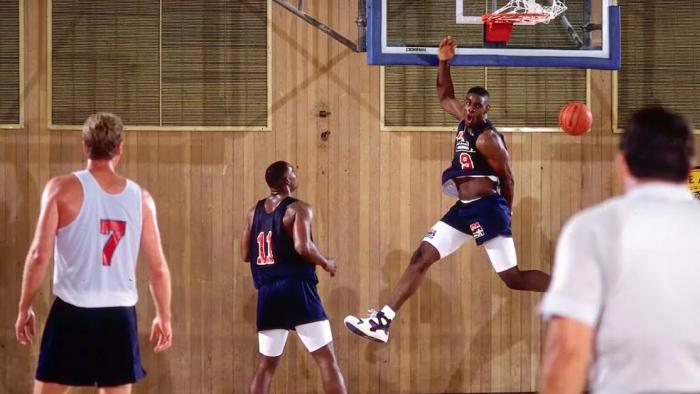 We Beat the Dream Team TV show screenshot 3: a college player dunks on Larry Bird