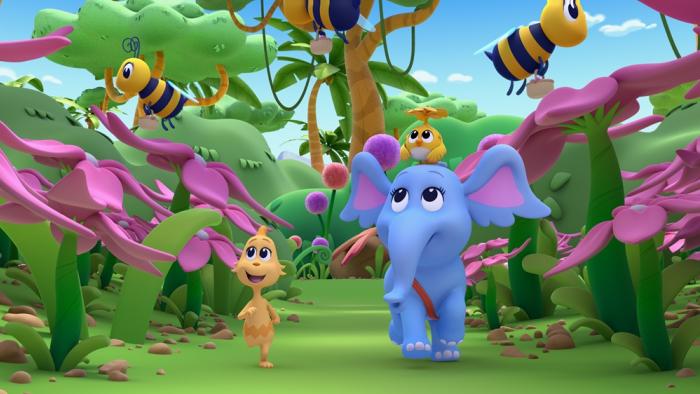 Dr. Seuss's Horton! TV show screenshot 2: Horton, Samson and a yellow Who stroll the jungle among giant pink flowers with bees flying around.